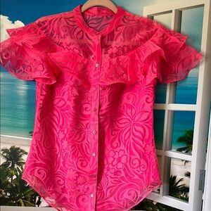 Trina Turk Pink Flutter Sleeve Button Down Shirt with Mandarin Collar